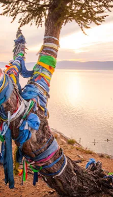 Bunte Fäden zieren einen Baum am Baikalsee